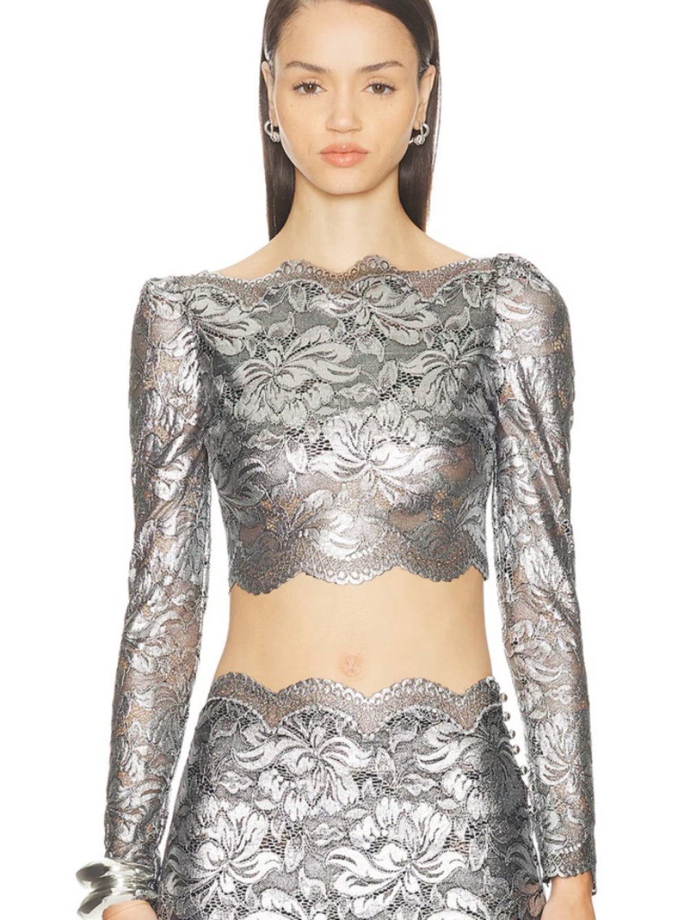 NWT Rabanne Black Silver Metallic Lace Cropped Top | Size 42 (US 8/10)